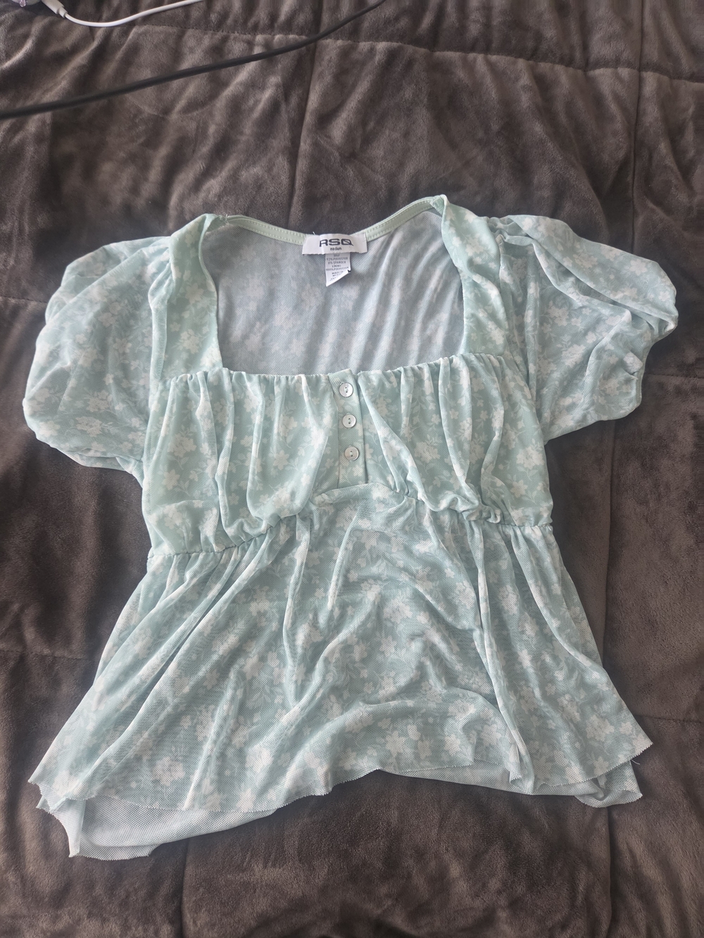 RSQ Mint Floral Puff-Sleeve Square-Neck Blouse